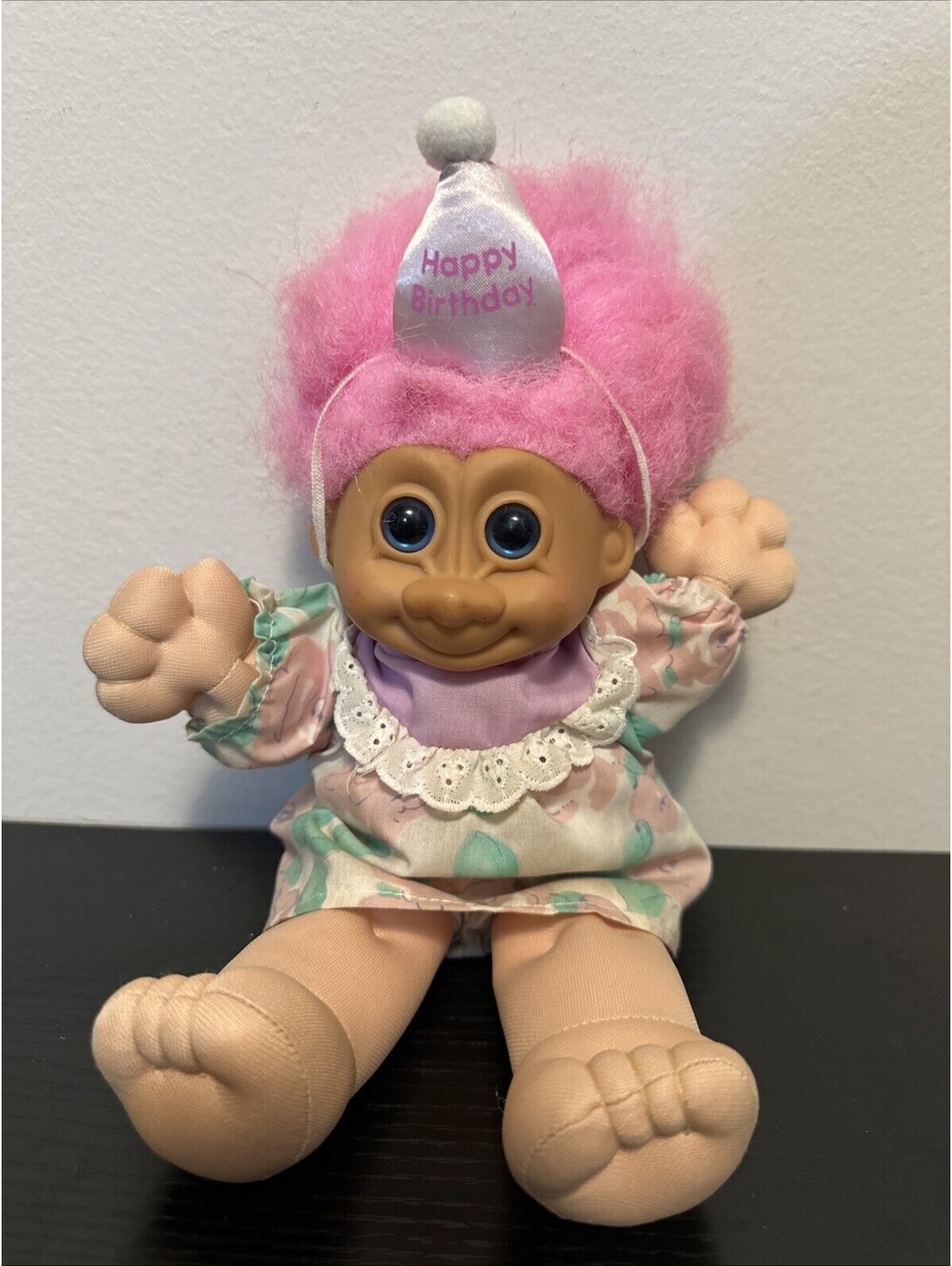 Vintage Russ Troll Doll Pink Hair Happy Birthday with Party Dress Soft Body
